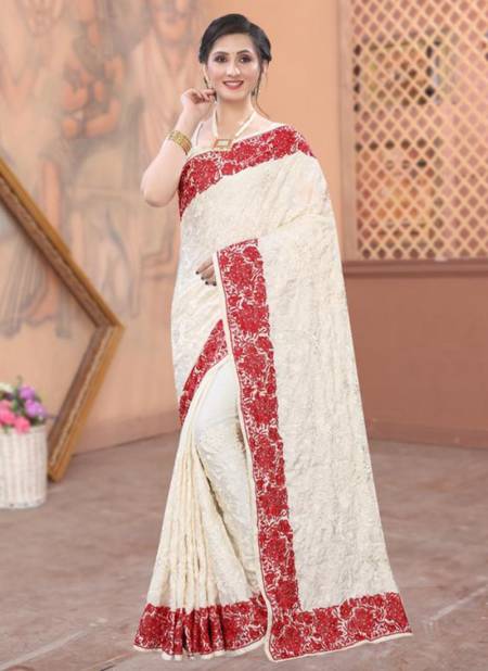 Red And Off White NARI PANETAR Festive Wear Heavy Resham Embroidery Work Stylish Saree Collection 5119